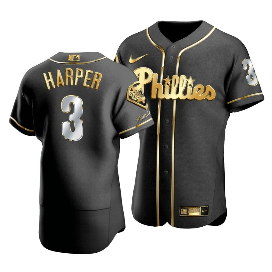 Men'S Philadelphia Phillies Bryce Harper #3 Golden Edition Black Jersey
