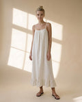 Linen Maxi Dress, Spaghetti Strap Slip Dress, Loose Fit Linen Sundress, Ruffle Hem Dress, Minimalist Summer Resort Outfit