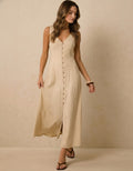 Linen Maxi Dress, Sleeveless Button Front Dress, V Neck Linen Dress, Tie Back Summer Dress, Minimalist Resort Outfit