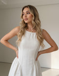White Linen Mini Dress, Open Back Linen Dress, Sleeveless Fit and Flare Dress, Bow Back Dress, Bridal Shower Dress, Summer Resort Outfit