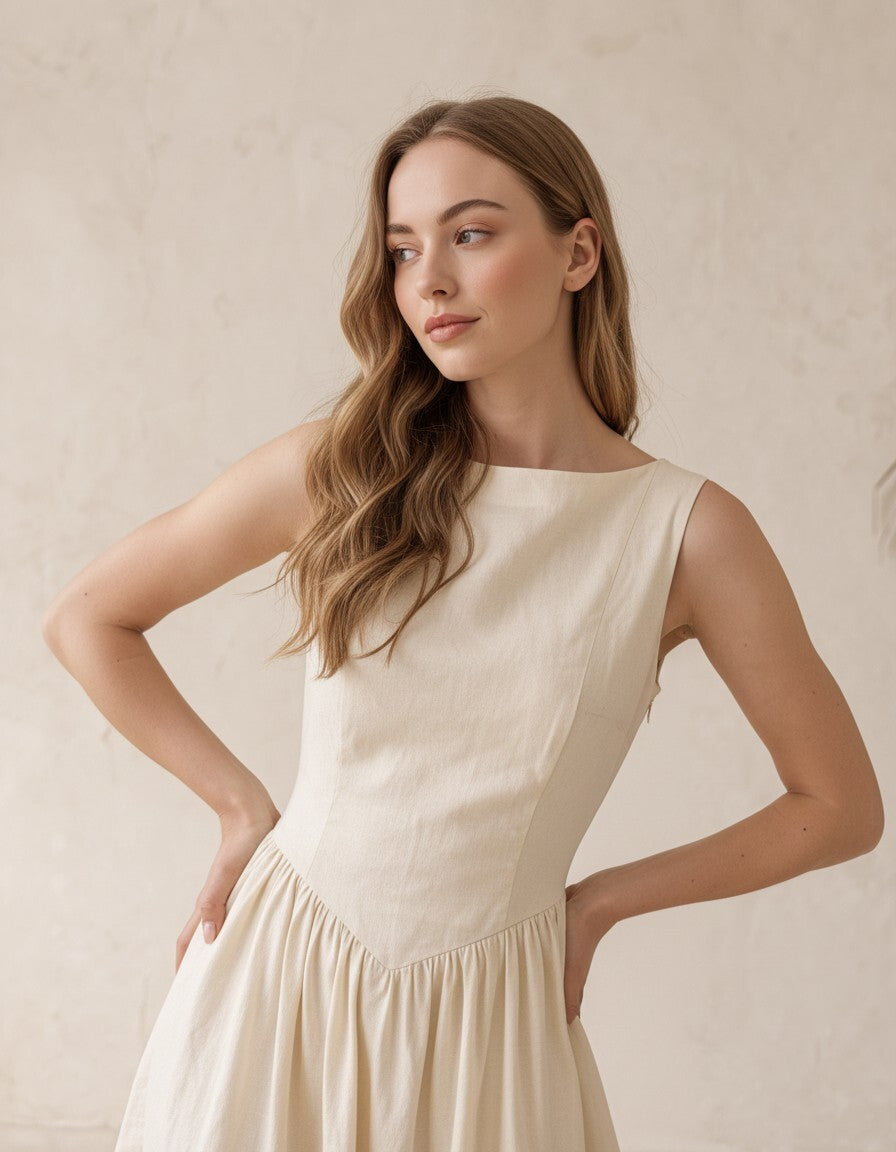 Linen Midi Dress, Sleeveless Fit and Flare Dress, Open Back Linen Dress, Elegant Summer Dress, Feminine Resort Outfit