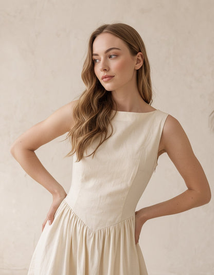 Linen Midi Dress, Sleeveless Fit and Flare Dress, Open Back Linen Dress, Elegant Summer Dress, Feminine Resort Outfit
