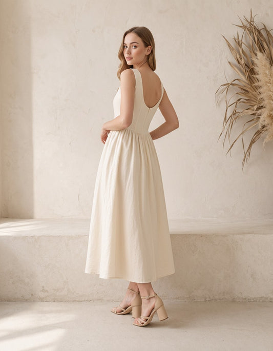 Linen Midi Dress, Sleeveless Fit and Flare Dress, Open Back Linen Dress, Elegant Summer Dress, Feminine Resort Outfit