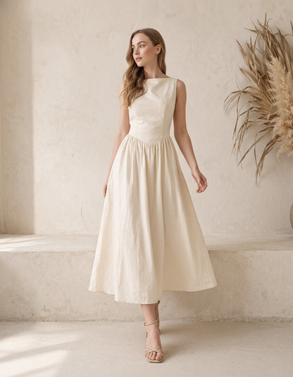 Linen Midi Dress, Sleeveless Fit and Flare Dress, Open Back Linen Dress, Elegant Summer Dress, Feminine Resort Outfit