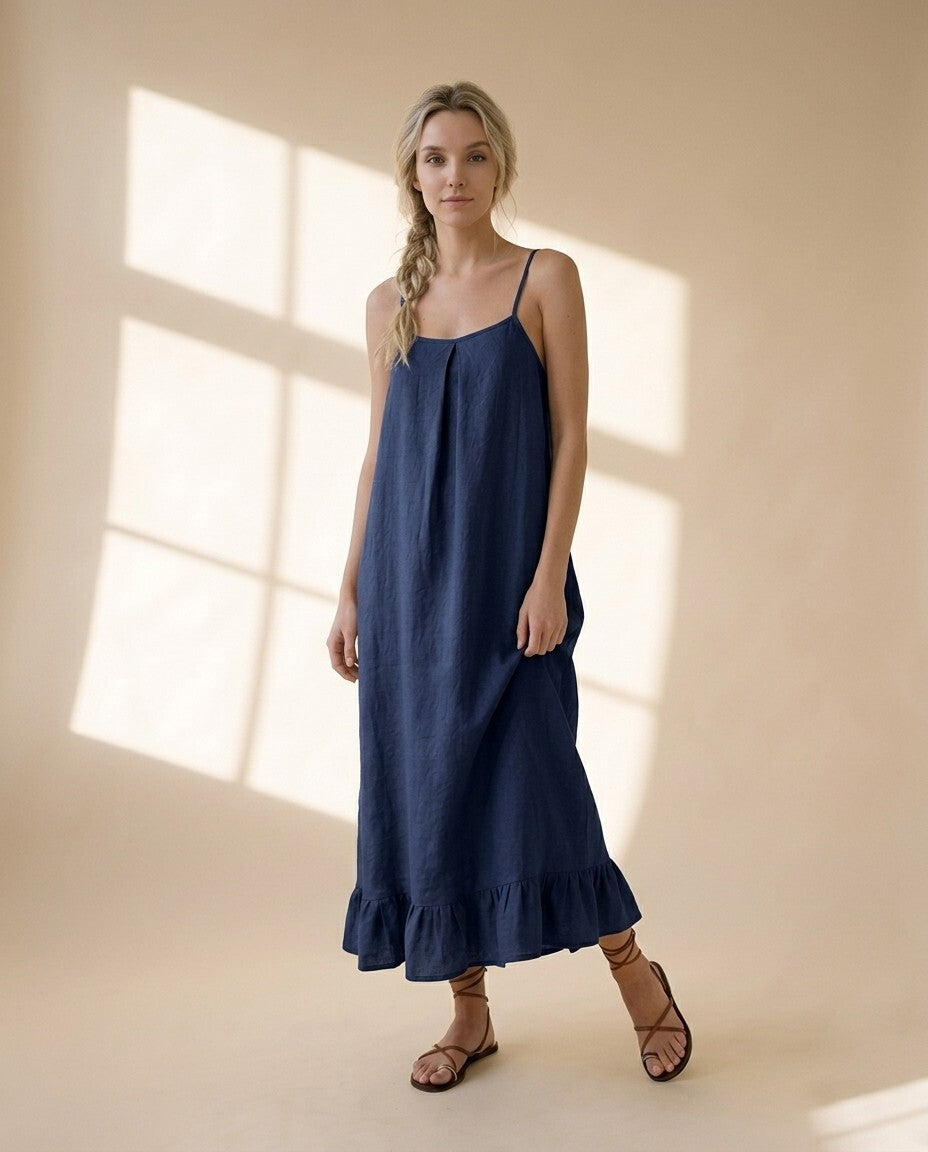Linen Long Dress, Cami Maxi Dress, Relaxed Linen Sundress, Flowy Ruffle Hem Dress, Minimalist Summer Vacation Outfit