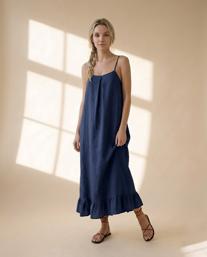 Linen Long Dress, Cami Maxi Dress, Relaxed Linen Sundress, Flowy Ruffle Hem Dress, Minimalist Summer Vacation Outfit