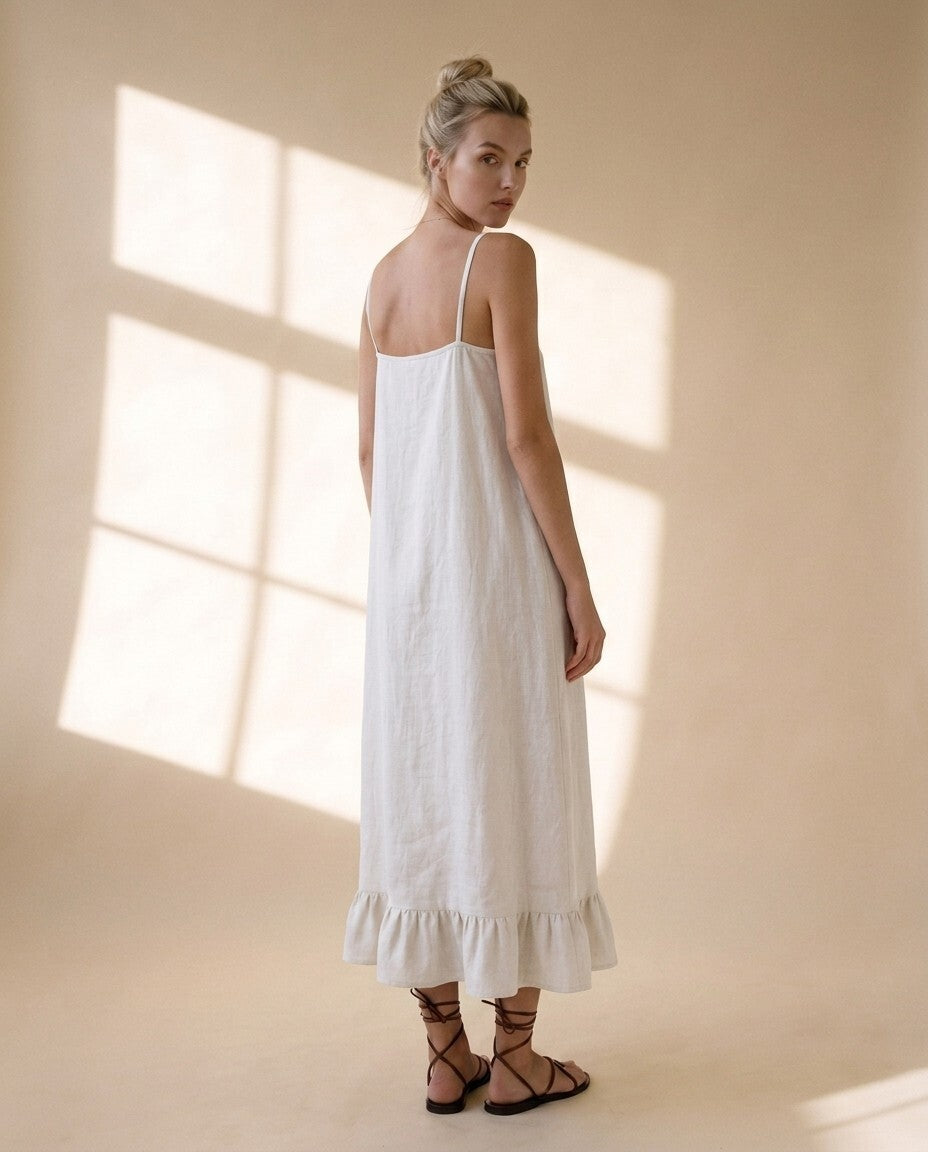 Linen Maxi Dress, Spaghetti Strap Slip Dress, Loose Fit Linen Sundress, Ruffle Hem Dress, Minimalist Summer Resort Outfit