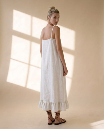 Linen Maxi Dress, Spaghetti Strap Slip Dress, Loose Fit Linen Sundress, Ruffle Hem Dress, Minimalist Summer Resort Outfit