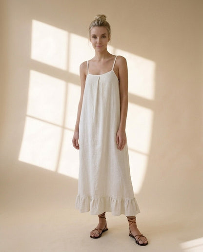 Linen Maxi Dress, Spaghetti Strap Slip Dress, Loose Fit Linen Sundress, Ruffle Hem Dress, Minimalist Summer Resort Outfit