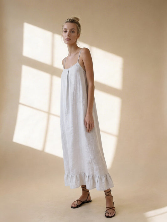 Linen Maxi Dress, Spaghetti Strap Slip Dress, Loose Fit Linen Sundress, Ruffle Hem Dress, Minimalist Summer Resort Outfit