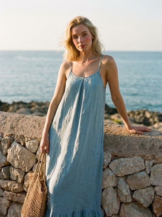 Linen Sundress, Strappy Maxi Dress, Relaxed Fit Linen Dress, Flowy Ruffle Hem Dress, Minimalist Holiday Outfit