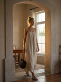 Linen Maxi Dress, Spaghetti Strap Slip Dress, Loose Fit Linen Sundress, Ruffle Hem Dress, Minimalist Summer Resort Outfit