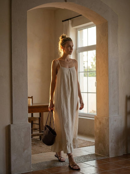 Linen Maxi Dress, Spaghetti Strap Slip Dress, Loose Fit Linen Sundress, Ruffle Hem Dress, Minimalist Summer Resort Outfit