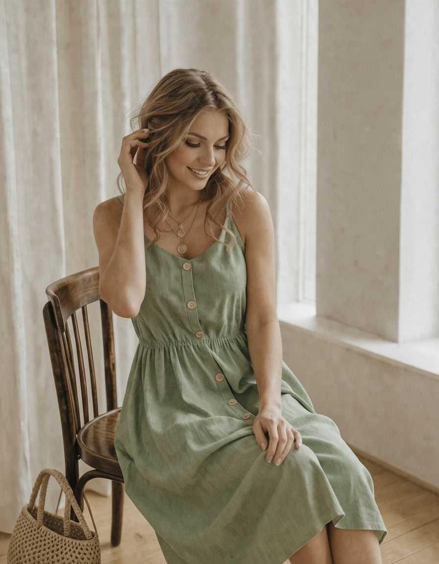 Linen Sundress, Button Front Midi Dress, Strappy Fit and Flare Dress, Feminine Linen Summer Outfit, Elegant Resort Dress
