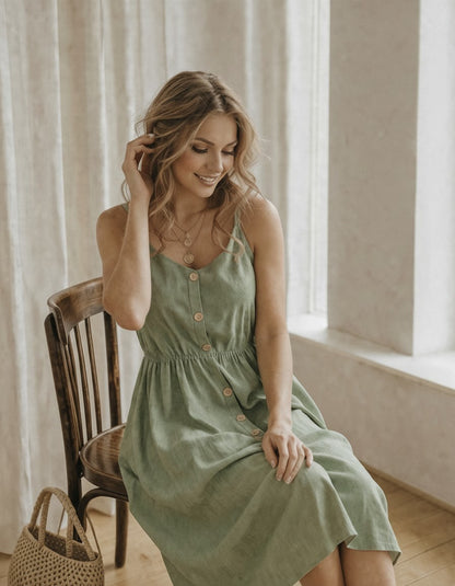 Linen Sundress, Button Front Midi Dress, Strappy Fit and Flare Dress, Feminine Linen Summer Outfit, Elegant Resort Dress