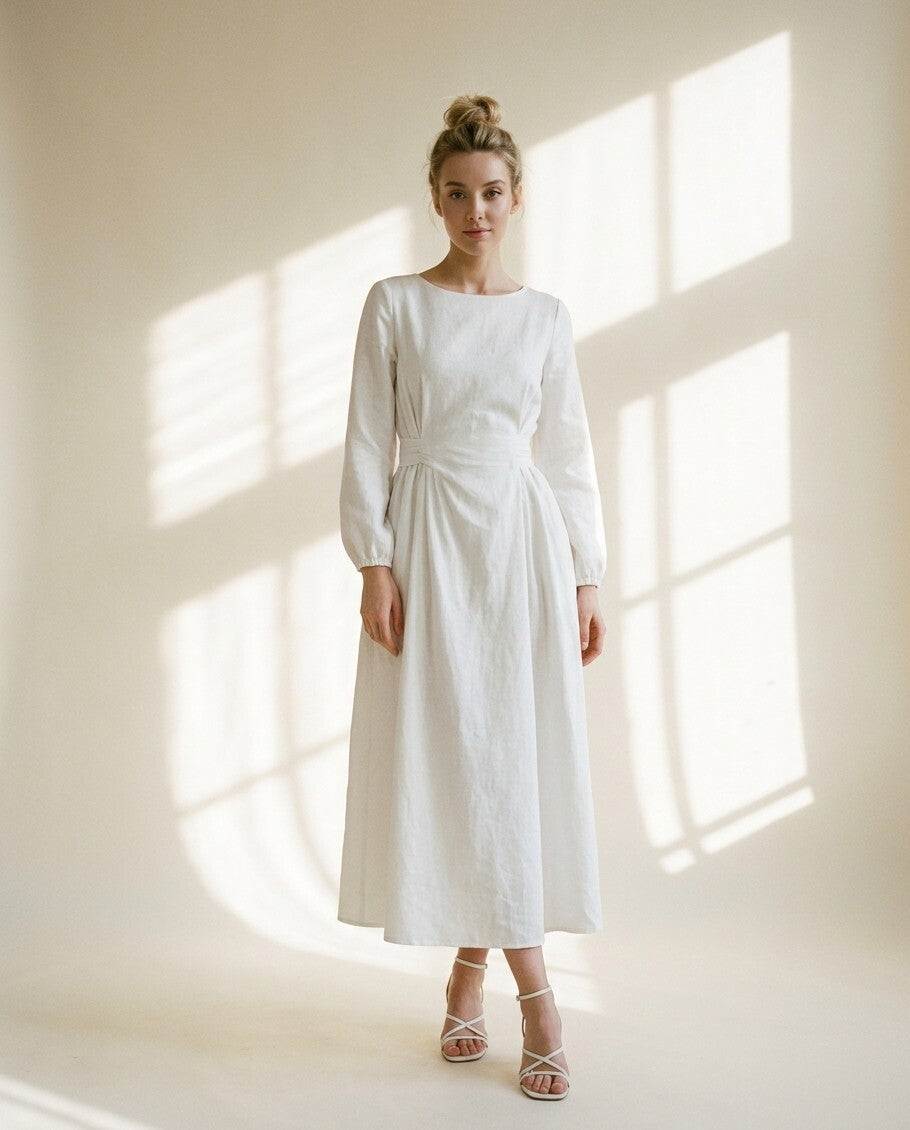 White Linen Maxi Dress, Long Sleeve Linen Dress, Tie Back Waist Dress, Minimalist Modest Dress, Elegant Bridal Shower Outfit
