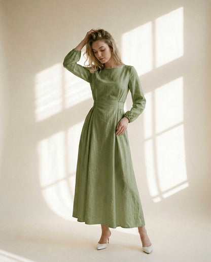 White Linen Maxi Dress, Long Sleeve Linen Dress, Tie Back Waist Dress, Minimalist Modest Dress, Elegant Bridal Shower Outfit