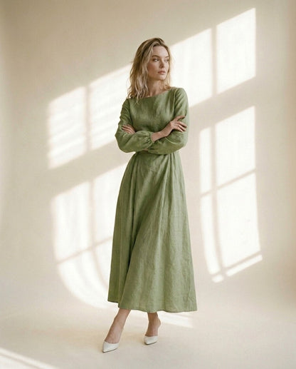 White Linen Maxi Dress, Long Sleeve Linen Dress, Tie Back Waist Dress, Minimalist Modest Dress, Elegant Bridal Shower Outfit