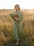White Linen Maxi Dress, Long Sleeve Linen Dress, Tie Back Waist Dress, Minimalist Modest Dress, Elegant Bridal Shower Outfit