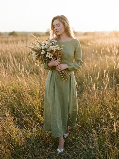 White Linen Maxi Dress, Long Sleeve Linen Dress, Tie Back Waist Dress, Minimalist Modest Dress, Elegant Bridal Shower Outfit