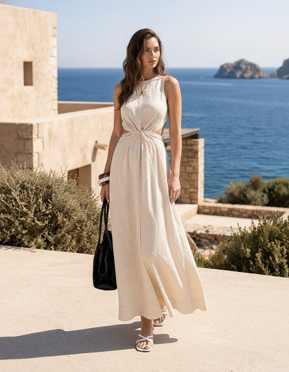 Natural Linen Maxi Dress, Twist Front Linen Dress, Side Cutout Dress, Sleeveless Resort Dress, Elegant Vacation Outfit