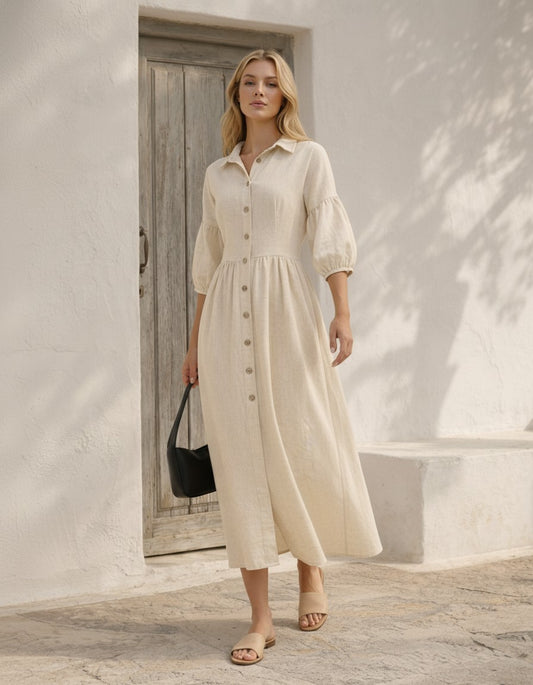 Natural Linen Midi Dress, Button Front Shirt Dress, Puff Sleeve Linen Dress, Feminine Summer Dress, Cottagecore Resort Outfit