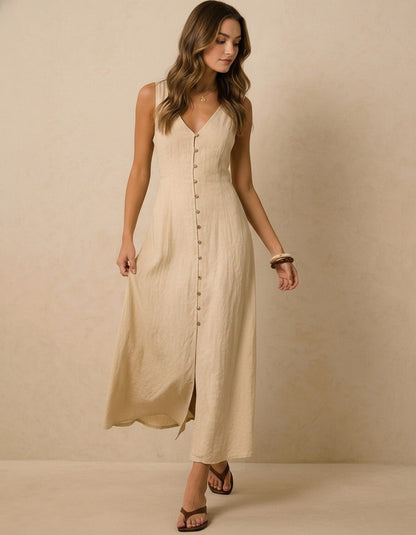 Linen Maxi Dress, Sleeveless Button Front Dress, V Neck Linen Dress, Tie Back Summer Dress, Minimalist Resort Outfit
