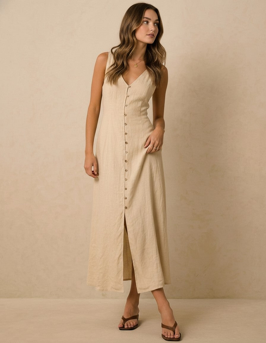 Linen Maxi Dress, Sleeveless Button Front Dress, V Neck Linen Dress, Tie Back Summer Dress, Minimalist Resort Outfit
