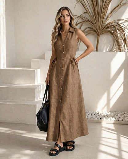 Linen Maxi Dress, Sleeveless Button Front Dress, Collared Linen Dress, Tie Waist Summer Dress, Minimalist Resort Outfit
