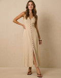 Linen Maxi Dress, Sleeveless Button Front Dress, V Neck Linen Dress, Tie Back Summer Dress, Minimalist Resort Outfit