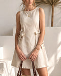 Natural Linen Sundress, Sleeveless Mini Dress with Side Bows, Open Back Linen Dress, Feminine Summer Outfit, Resort Wear Dress