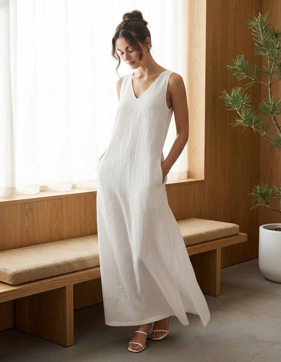 Casual Linen Maxi Dress, Sleeveless V Neck Dress, Minimalist Column Dress, Side Slit Linen Dress, Elegant Resort Outfit