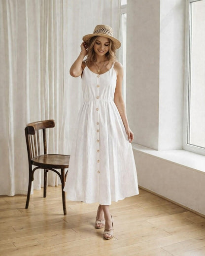 Linen Midi Dress, Spaghetti Strap Button Front Dress, Fit and Flare Linen Sundress, Feminine Summer Dress, Resort Vacation Outfit