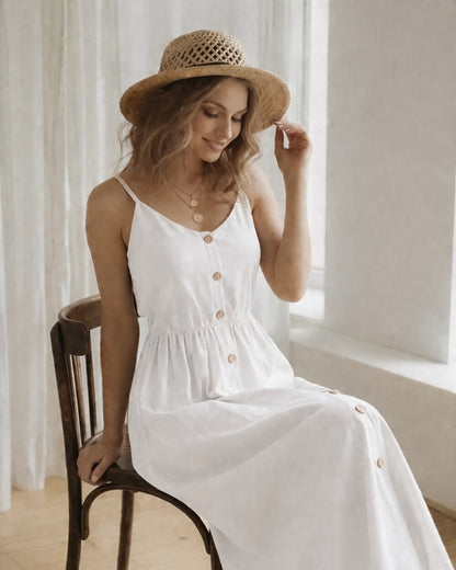 Linen Midi Dress, Spaghetti Strap Button Front Dress, Fit and Flare Linen Sundress, Feminine Summer Dress, Resort Vacation Outfit