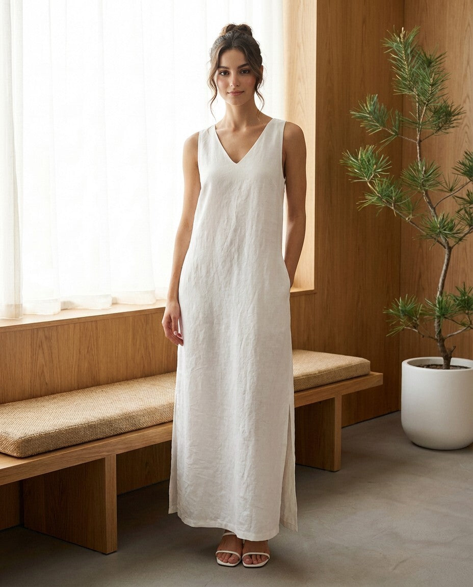 Casual Linen Maxi Dress, Sleeveless V Neck Dress, Minimalist Column Dress, Side Slit Linen Dress, Elegant Resort Outfit