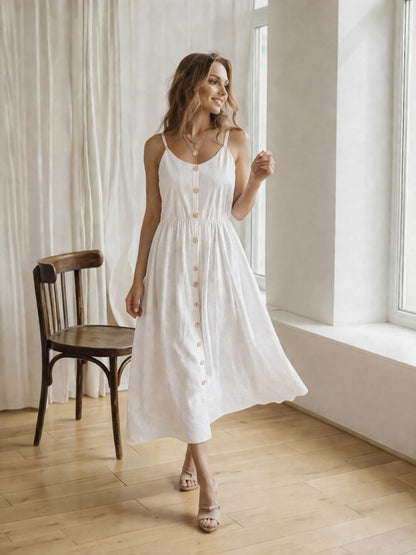 Linen Midi Dress, Spaghetti Strap Button Front Dress, Fit and Flare Linen Sundress, Feminine Summer Dress, Resort Vacation Outfit