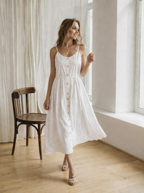 Linen Midi Dress, Spaghetti Strap Button Front Dress, Fit and Flare Linen Sundress, Feminine Summer Dress, Resort Vacation Outfit
