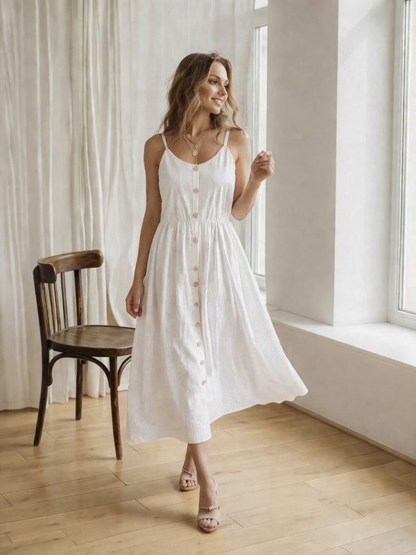 Linen Midi Dress, Spaghetti Strap Button Front Dress, Fit and Flare Linen Sundress, Feminine Summer Dress, Resort Vacation Outfit