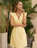 Natural Linen Mini Dress, Ruffle Sleeve Linen Dress, Deep V Neck Dress, Button Front Summer Dress, Feminine Resort Outfit