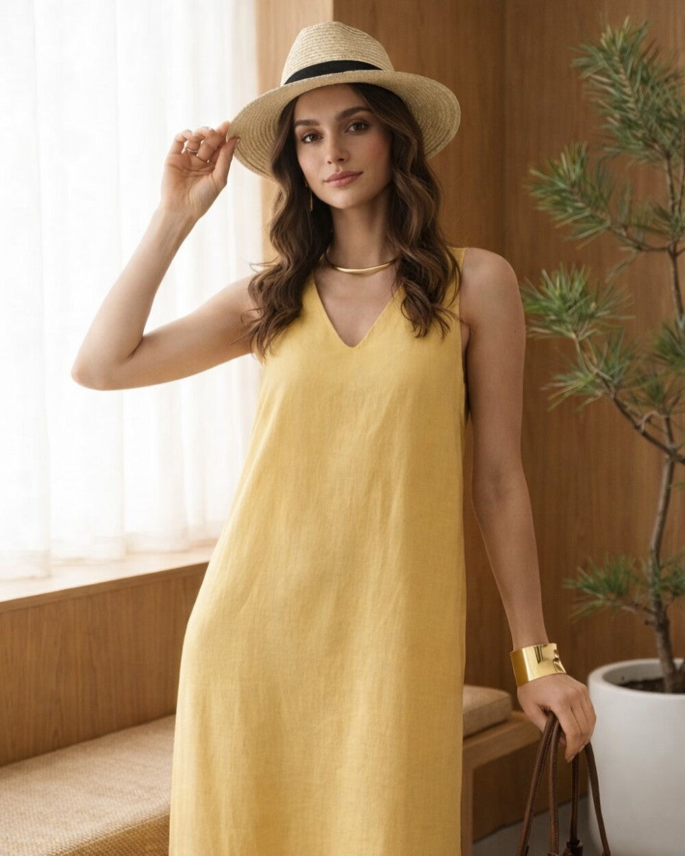 Linen Long Dress, Sleeveless Minimalist Dress, V Neck Linen Maxi Dress, Side Slit Summer Dress, Elegant Everyday Outfit