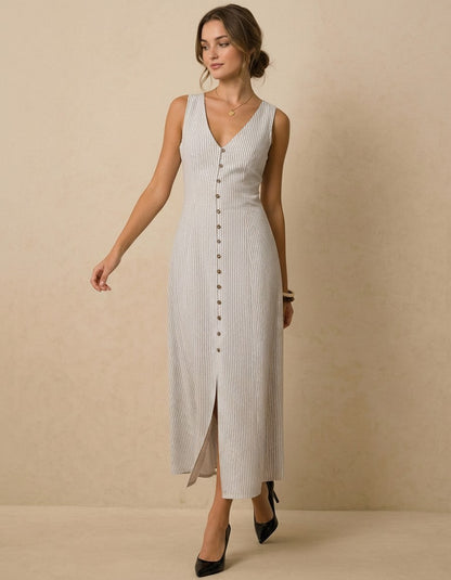 Striped Linen Maxi Dress, Sleeveless Button Front Dress, V Neck Linen Dress, Tie Back Summer Dress, Minimalist Resort Outfit