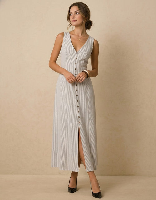 Striped Linen Maxi Dress, Sleeveless Button Front Dress, V Neck Linen Dress, Tie Back Summer Dress, Minimalist Resort Outfit