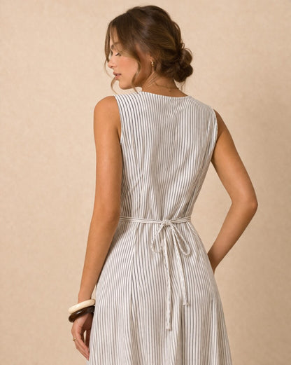 Striped Linen Maxi Dress, Sleeveless Button Front Dress, V Neck Linen Dress, Tie Back Summer Dress, Minimalist Resort Outfit
